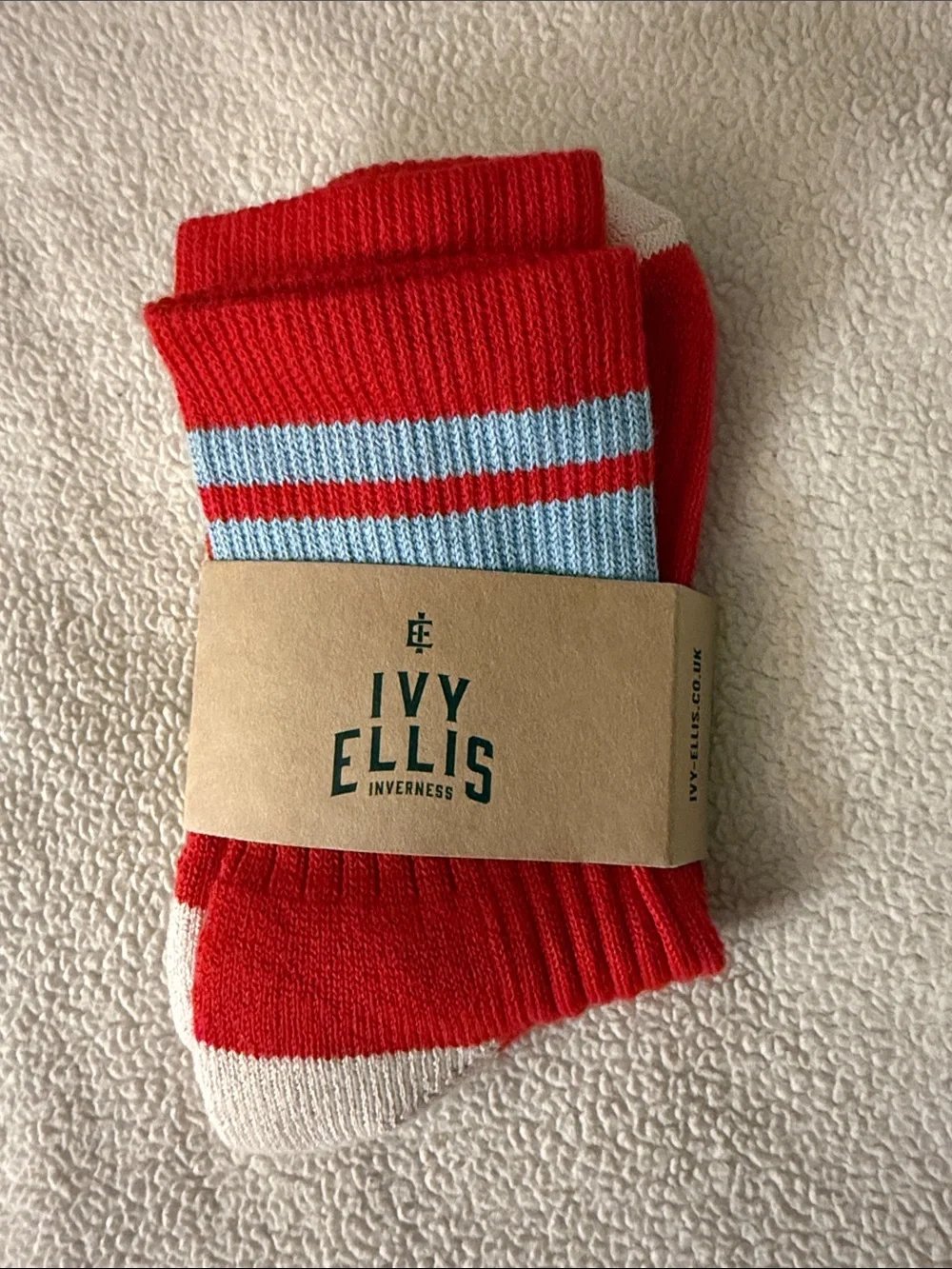 Free People Red Crew Socks with Light Blue Stripes